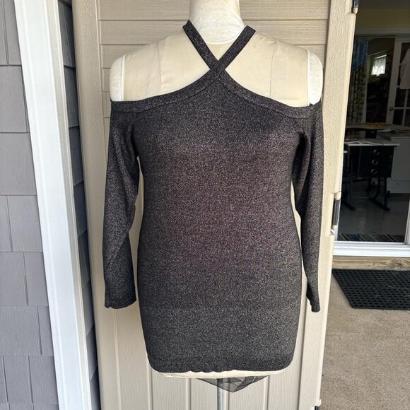 NWT Torrid Cross Neck Cold Shoulder Sweater Womens 1X Black Sparkly Stretchy - Picture 1 of 8